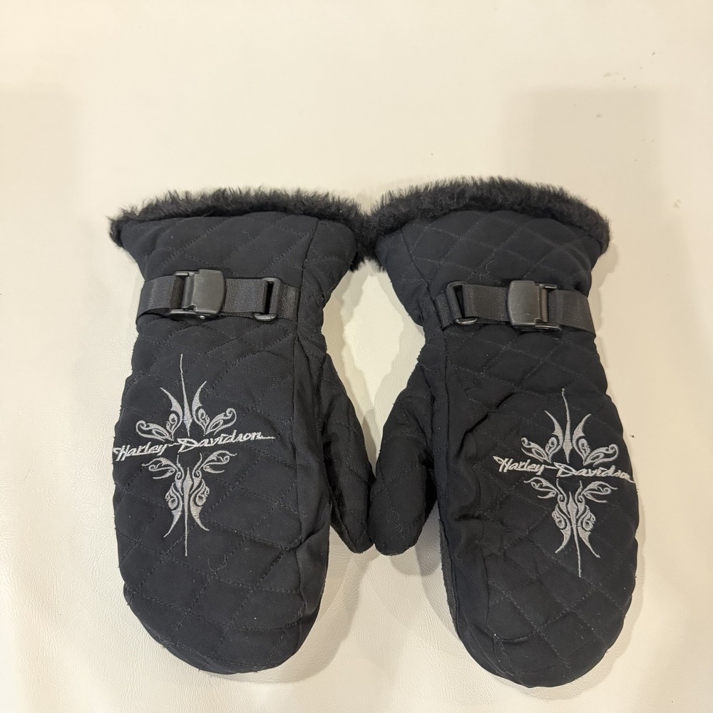 Harley-Davidson Women's Small Quilted Winter Mittens Black Faux Fur 2005 - Picture 2 of 12
